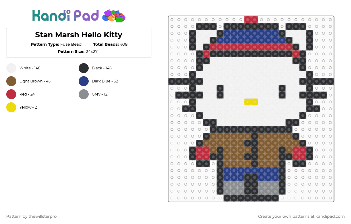 Stan Marsh Hello Kitty - Fuse Bead Pattern by thewillsterpro on Kandi Pad - white,red,tan,blue