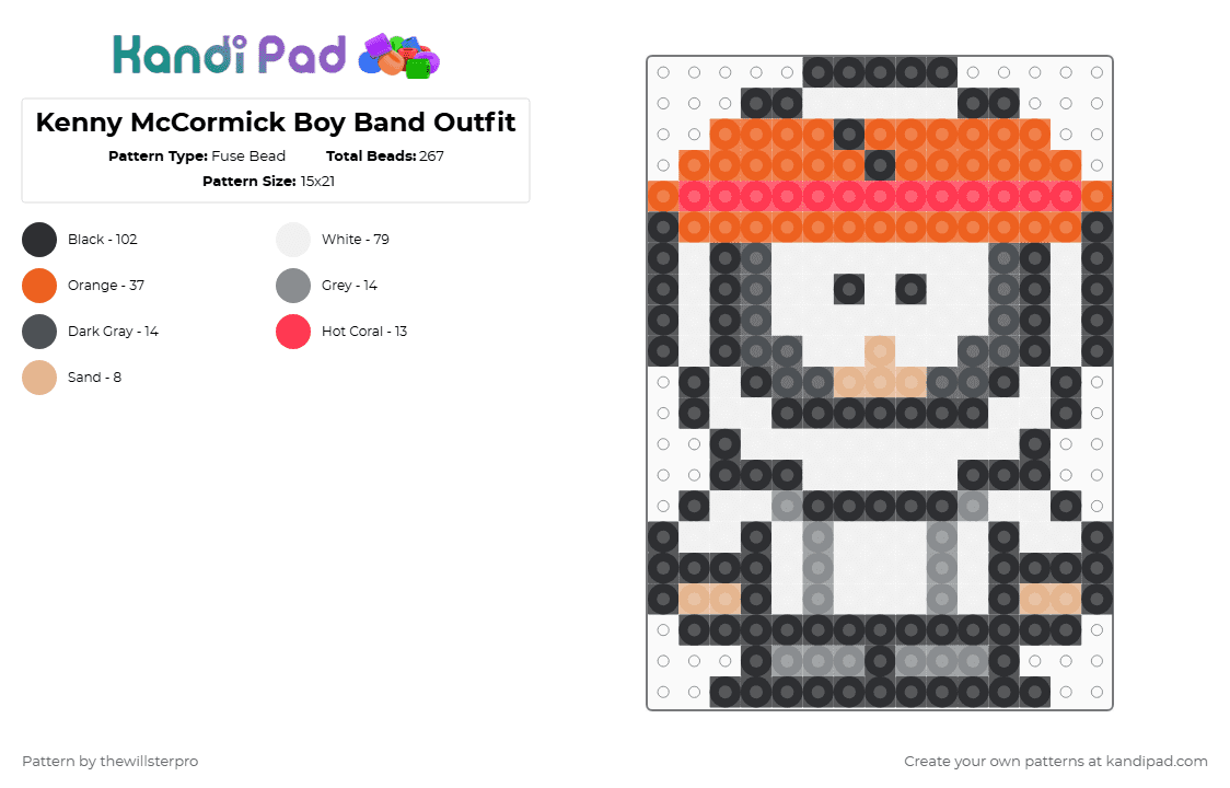 Kenny McCormick Boy Band Outfit - Fuse Bead Pattern by thewillsterpro on Kandi Pad - white,gray,orange