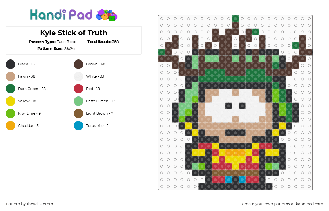 Kyle Stick of Truth - Fuse Bead Pattern by thewillsterpro on Kandi Pad - kyle broflovski,south park,high elf king,character,costume,animation,tv show,green,tan,red