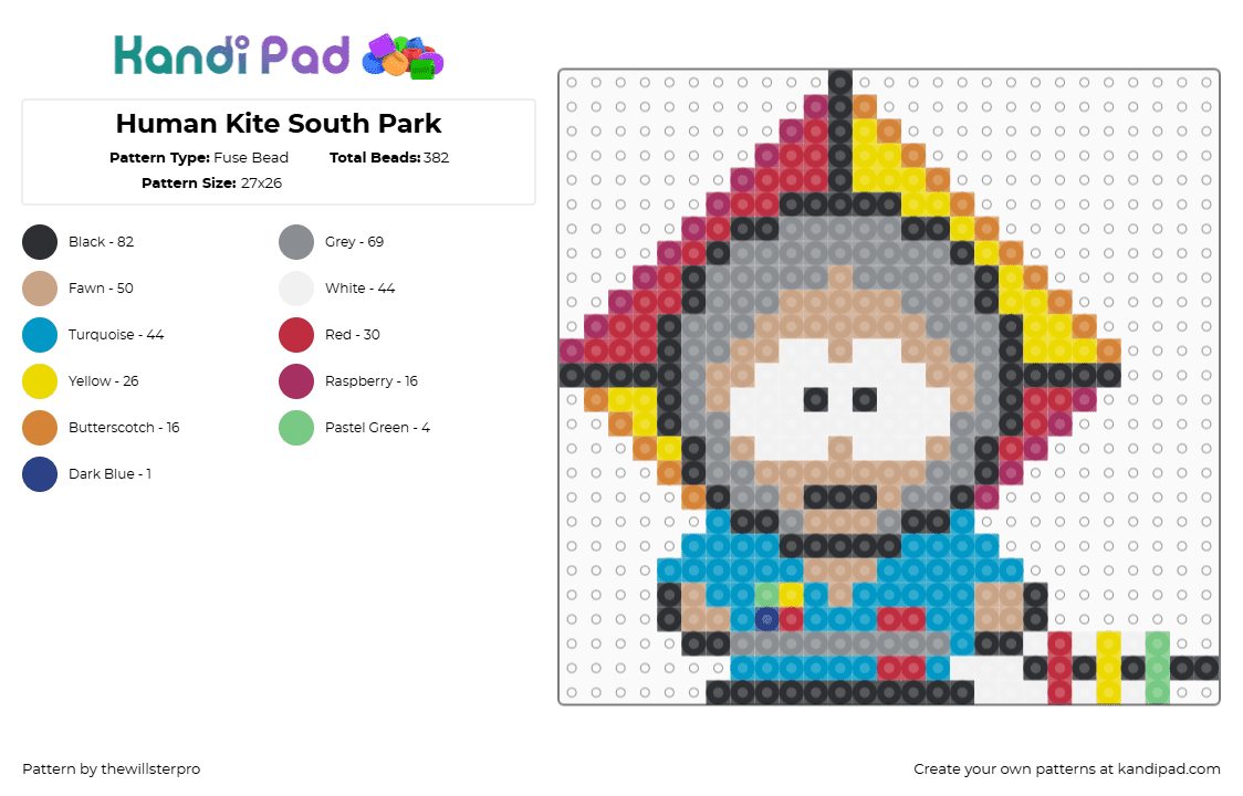 Human Kite South Park - Fuse Bead Pattern by thewillsterpro on Kandi Pad - human kite,south park,character,costume,animation,tv show,colorful,tan,blue,red,yellow