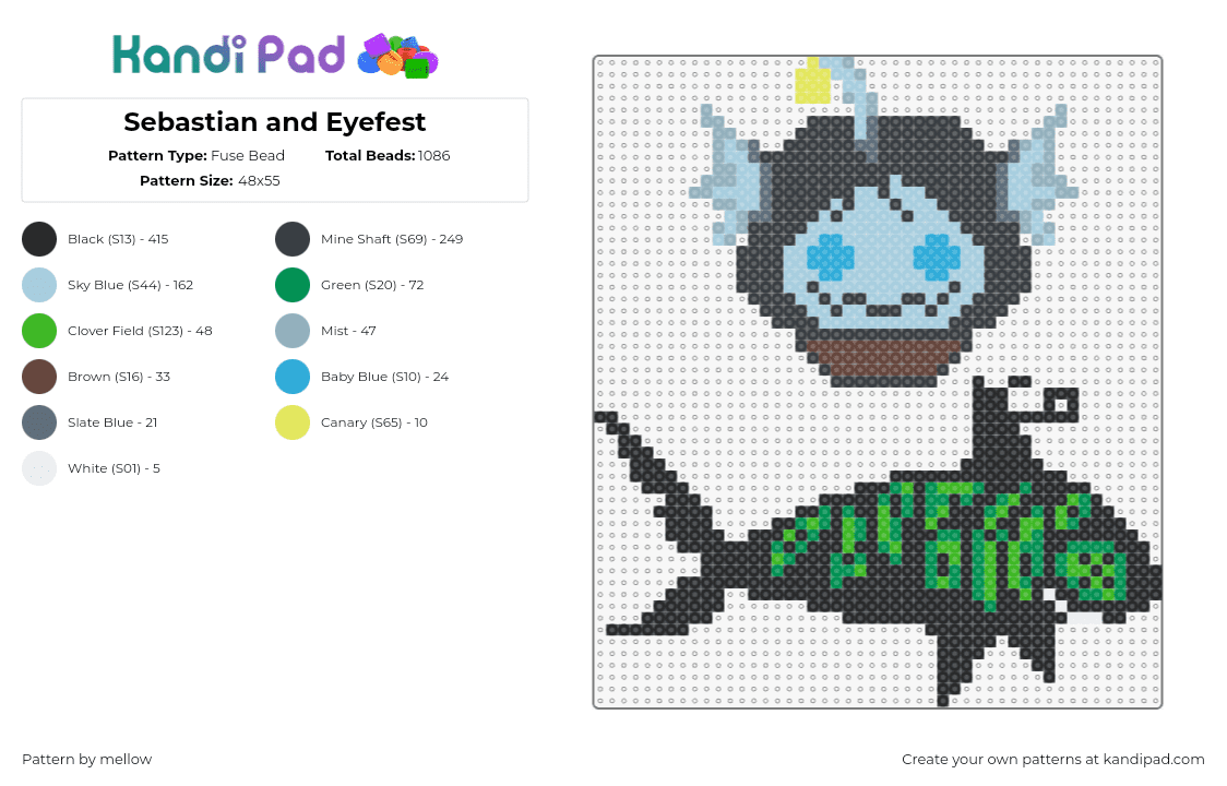 Sebastian and Eyefest - Fuse Bead Pattern by mellow on Kandi Pad - sebastian solace,eyefestation,pressure,video game,roblox,fish,black,green,light blue