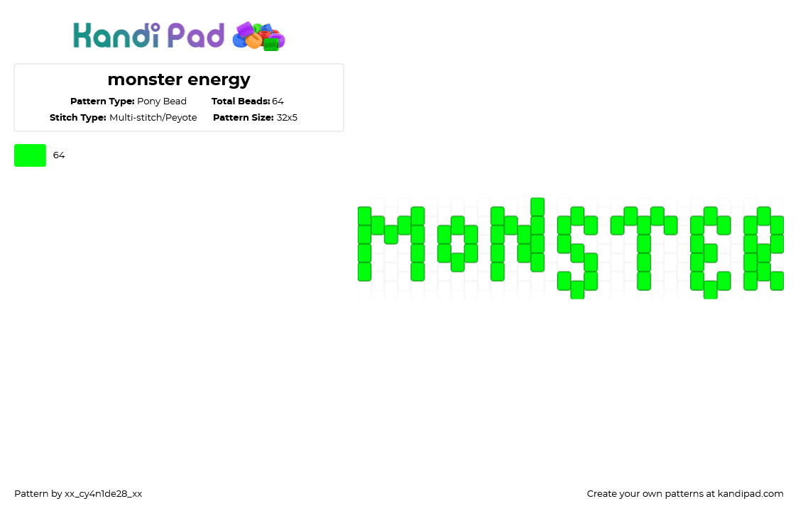 monster energy - Pony Bead Pattern by xx_cy4n1de28_xx on Kandi Pad - green