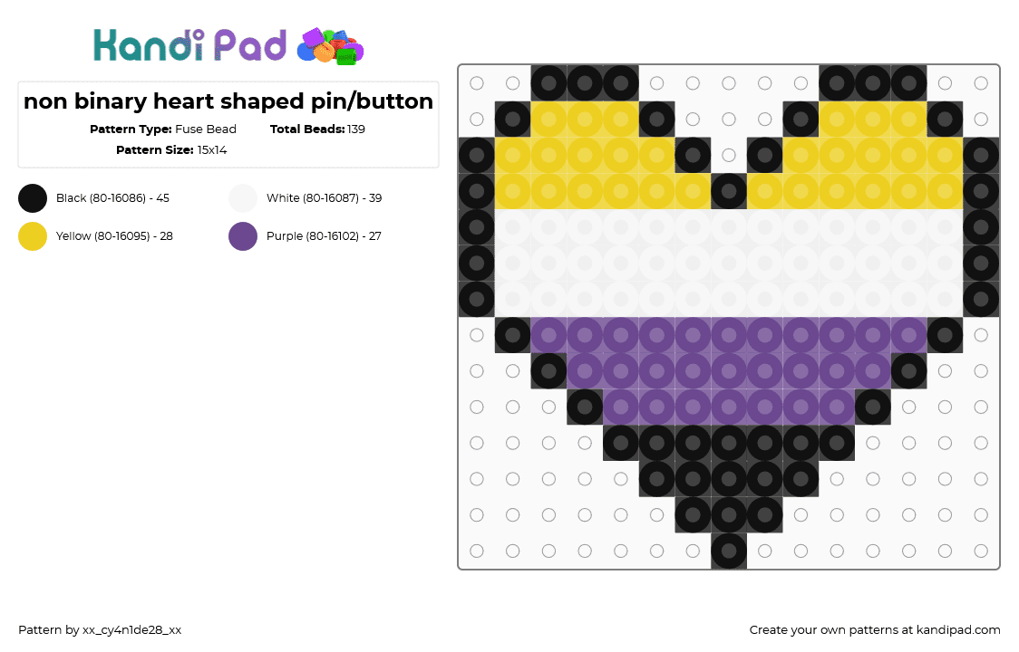 non binary heart shaped pin/button - Fuse Bead Pattern by xx_cy4n1de28_xx on Kandi Pad - yellow,purple