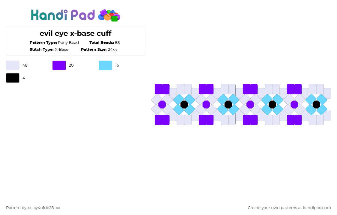 evil eye x-base cuff - Pony Bead Pattern by xx_cy4n1de28_xx on Kandi Pad - light blue,purple