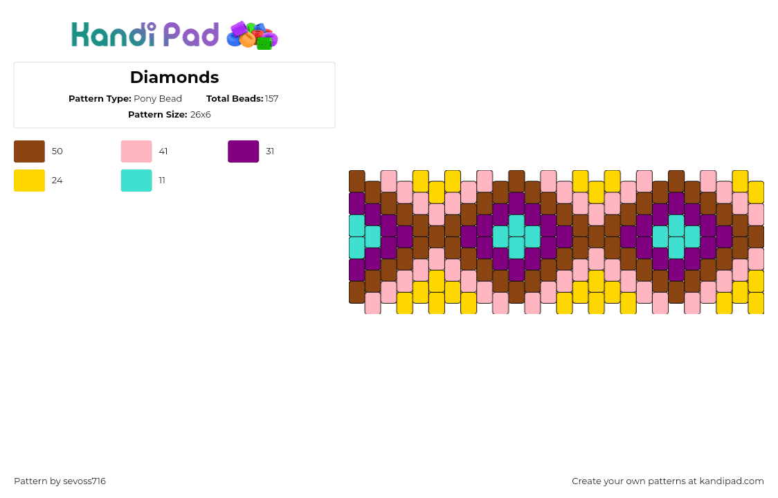 Diamonds - Pony Bead Pattern by sevoss716 on Kandi Pad - diamonds,geometric,cuff,repeating,gold,purple,teal,brown