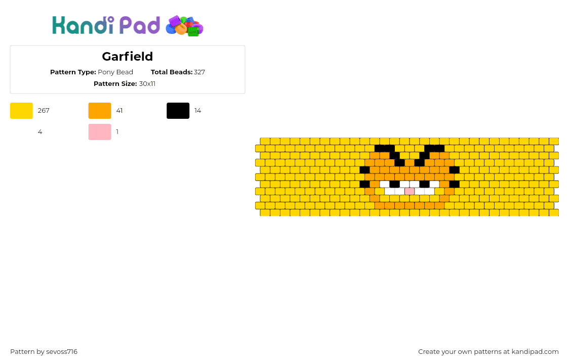 Garfield - Pony Bead Pattern by sevoss716 on Kandi Pad - garfield,cat,character,comic,cuff,orange,yellow