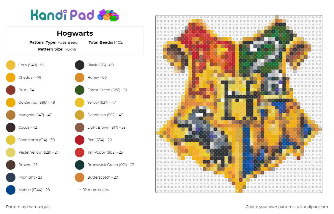 Hogwarts - Fuse Bead Pattern by mamuzquiz on Kandi Pad - hogwarts,harry potter,crest,shield,logo,colorful,gold,red,green,blue