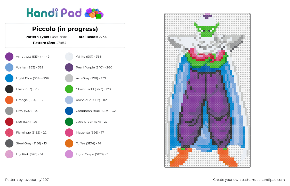 Piccolo (in progress) - Fuse Bead Pattern by ravebunny1207 on Kandi Pad - piccolo,dragon ball z,character,anime,cape,tv show,purple,green,light blue