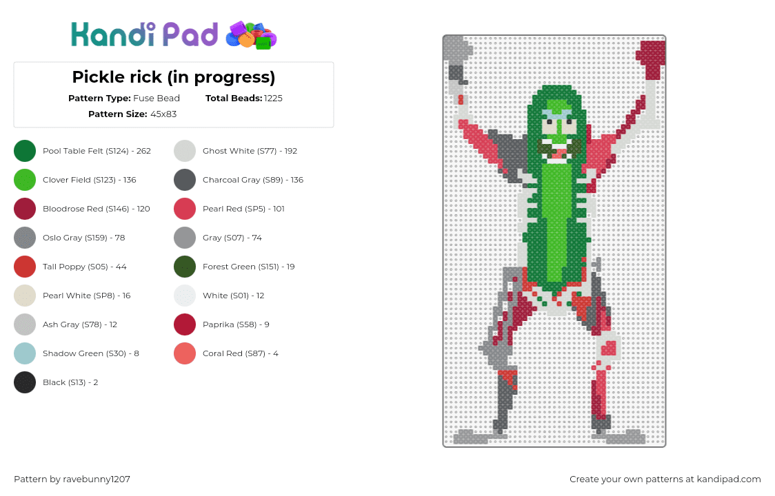 Pickle rick - Fuse Bead Pattern by ravebunny1207 on Kandi Pad - pickle rick,rick and morty,character,muscles,animation,tv show,green,red