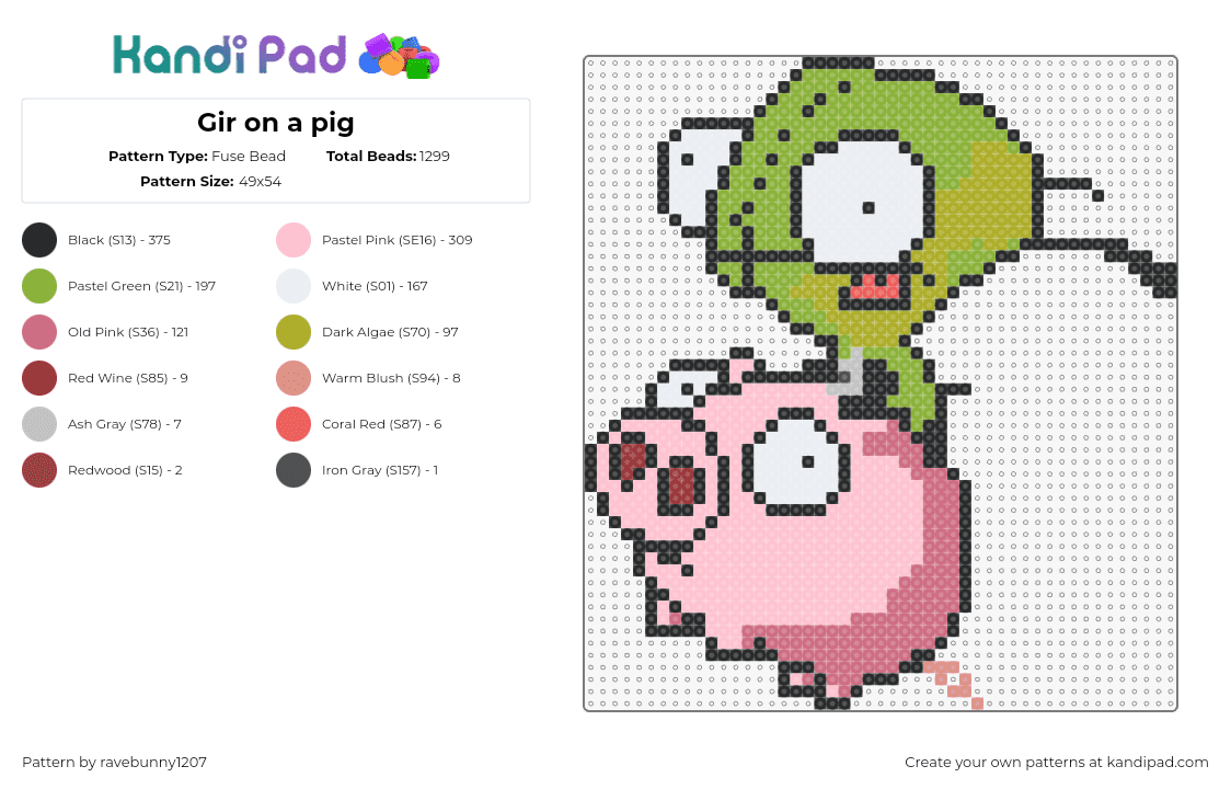 Gir on a pig - Fuse Bead Pattern by ravebunny1207 on Kandi Pad - gir,pig,invader zim,cartoon,character,silly,cute,tv show,pink,green