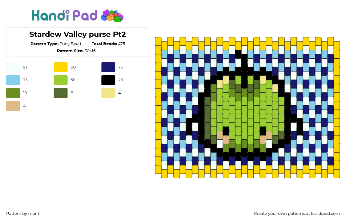 Stardew Valley purse Pt2 (used template) - Pony Bead Pattern by monti on Kandi Pad - junimo,stardew valley,apple,video game,cute,panel,water,green,light blue,blue,yellow