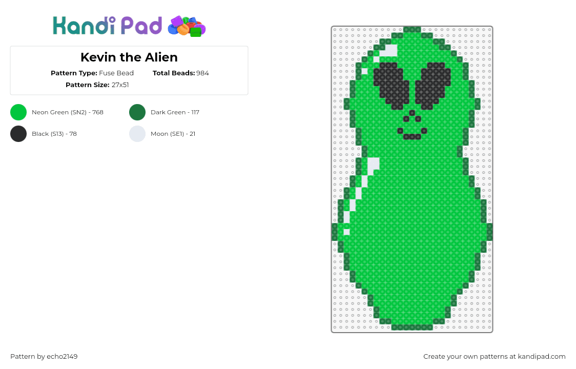 Kevin the Alien - Fuse Bead Pattern by echo2149 on Kandi Pad - kevin,alien,balloon,edm,music,smile,green