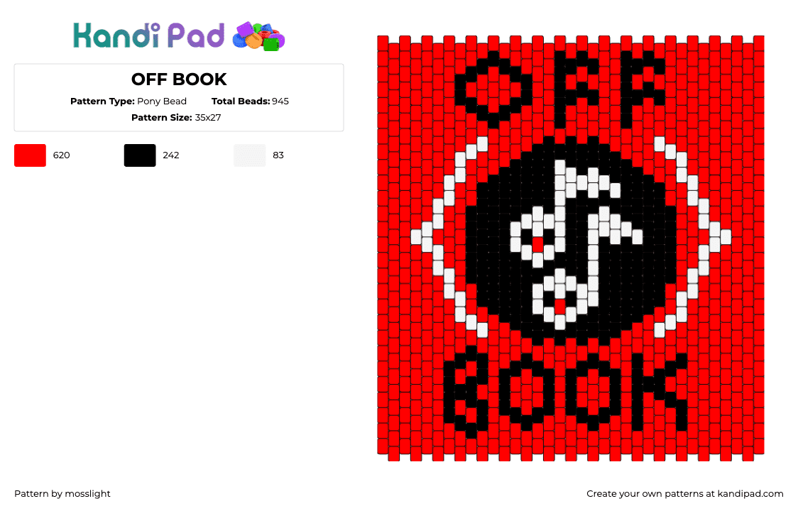 OFF BOOK - Pony Bead Pattern by mosslight on Kandi Pad - off book,musical,logo,music,notes,text,panel,red,black,white