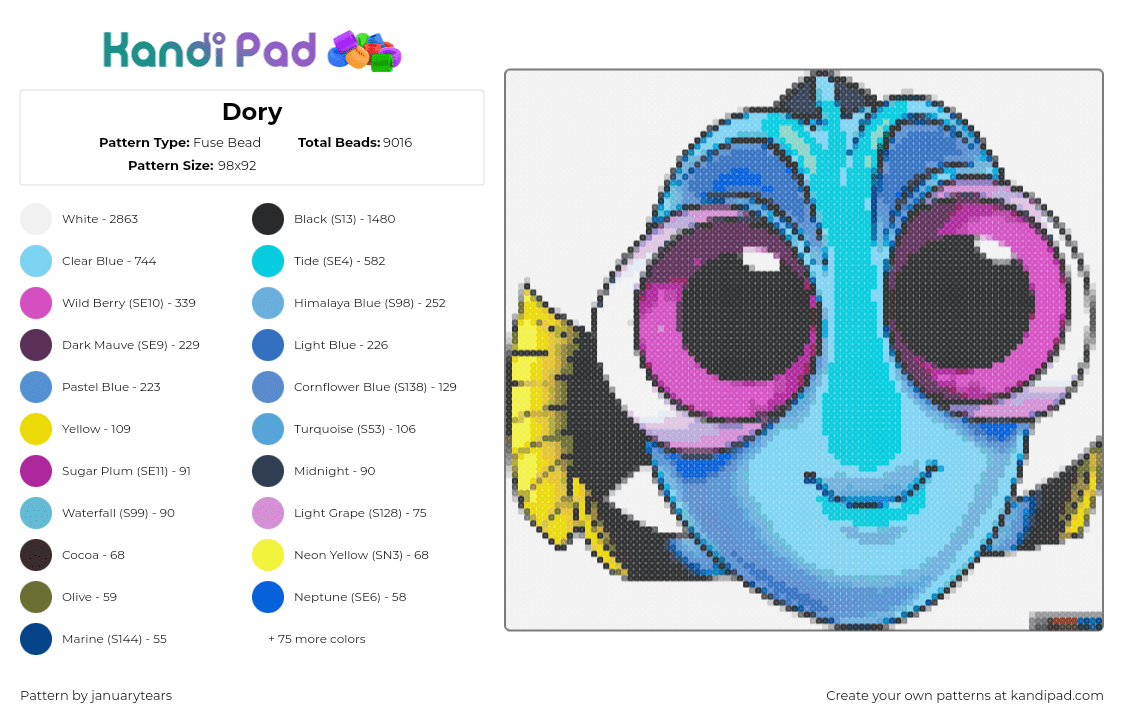 Dory - Fuse Bead Pattern by januarytears on Kandi Pad - dory,finding nemo,fish,eyes,cute,disney,animation,movie,character,light blue,purple