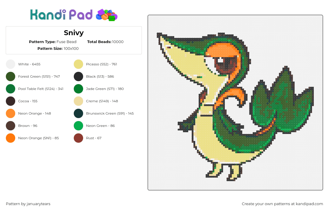 Snivy - Fuse Bead Pattern by januarytears on Kandi Pad - snivy,pokemon,character,starter,gaming,green,yellow