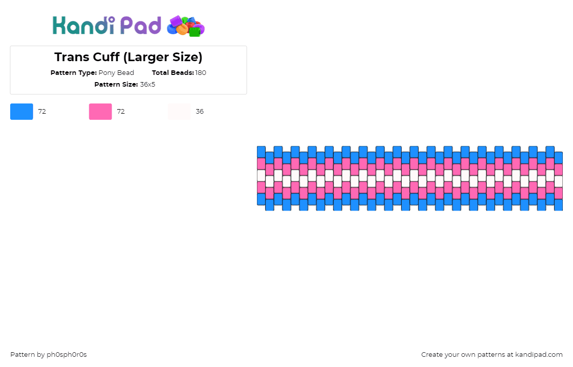 Trans Cuff (Larger Size) - Pony Bead Pattern by ph0sph0r0s on Kandi Pad - trans,pride,cuff,horizontal,stripes,pink,light blue