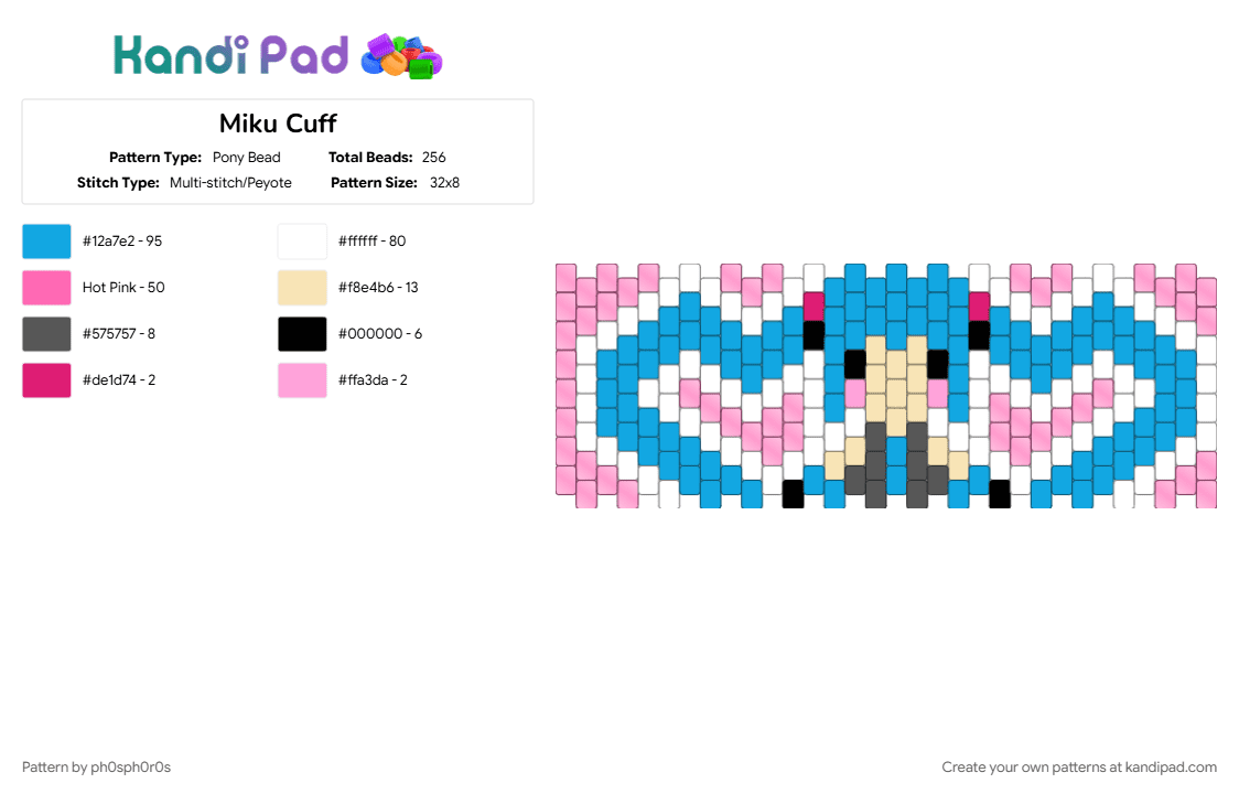 Miku Cuff - Pony Bead Pattern by ph0sph0r0s on Kandi Pad - clear beads, hatsune miku, light blue, miku, multistitch, pink
