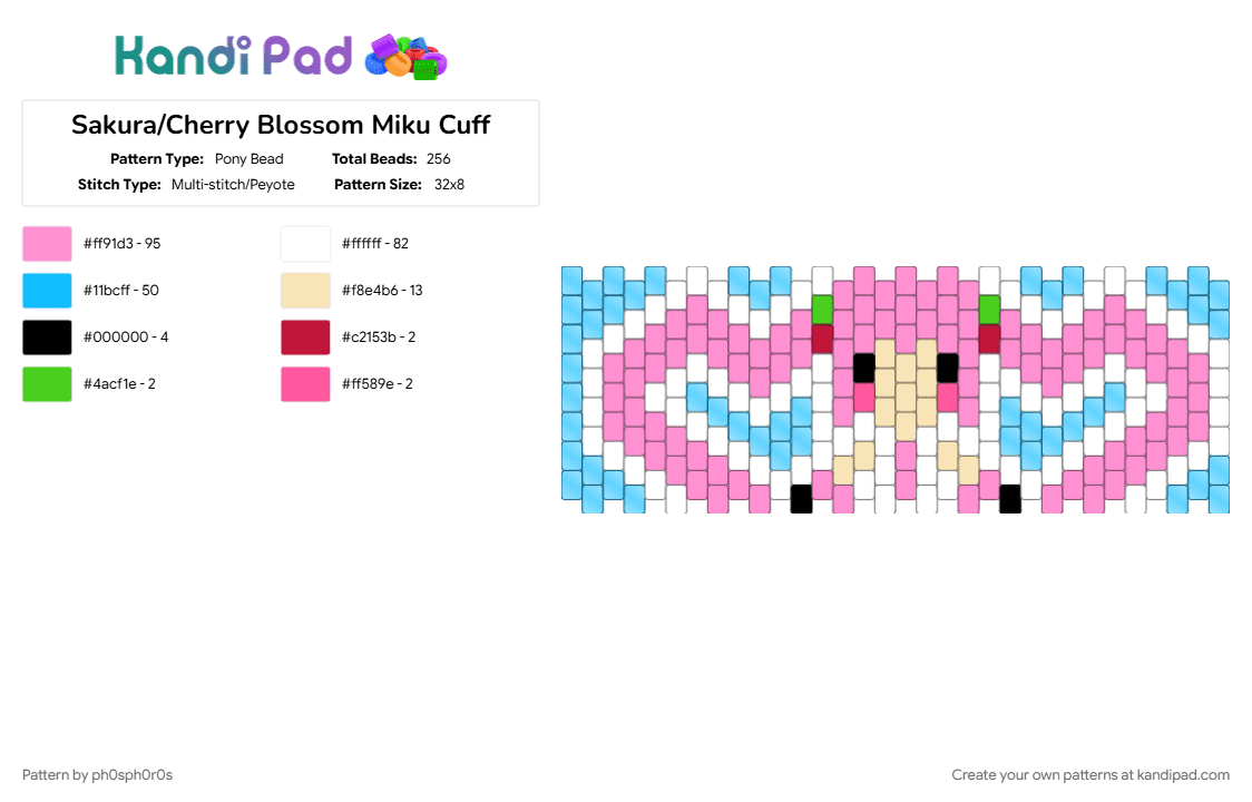 Sakura/Cherry Blossom Miku Cuff - Pony Bead Pattern by ph0sph0r0s on Kandi Pad - cherry blossom miku, clear beads, hatsune miku, light blue, miku, multistitch, pink, sakura miku