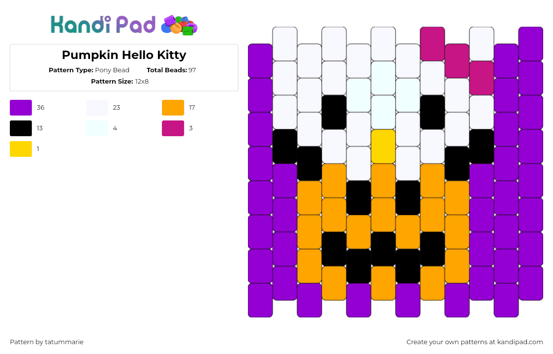 Pumpkin Hello Kitty - Pony Bead Pattern by tatummarie on Kandi Pad - hello kitty,pumpkin,sanrio,halloween,white,orange,purple