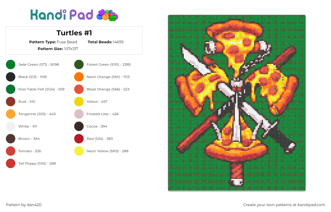 Turtles #1 - Fuse Bead Pattern by dan420 on Kandi Pad - tmnt,pizza,teenage mutant ninja turtles,weapons,panel,cartoon,classic,yellow,orange,green