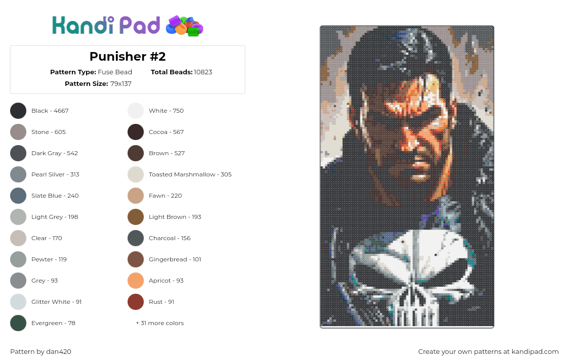 Punisher #2 - Fuse Bead Pattern by dan420 on Kandi Pad - punisher,portrait,comic,panel,marvel,tan,black