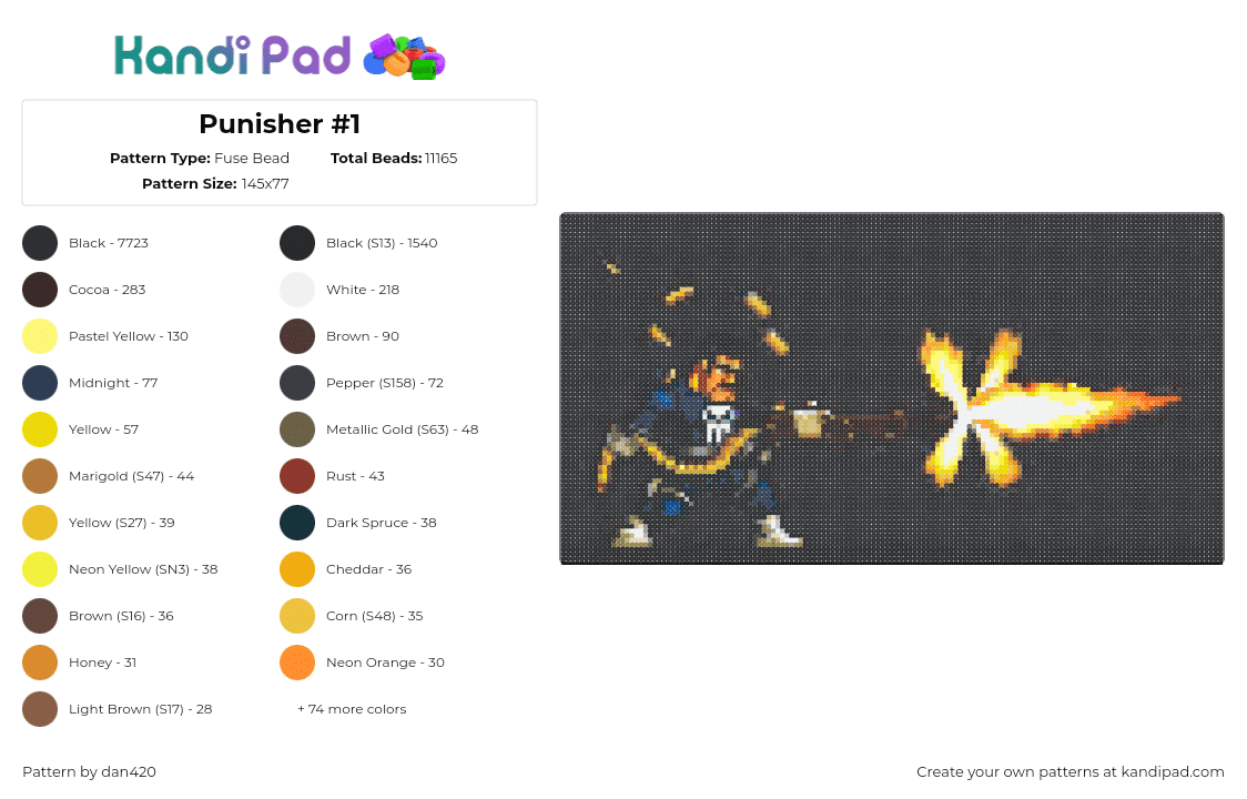 Punisher #1 - Fuse Bead Pattern by dan420 on Kandi Pad - punisher,dark,weapon,character,comic,panel,black,yellow