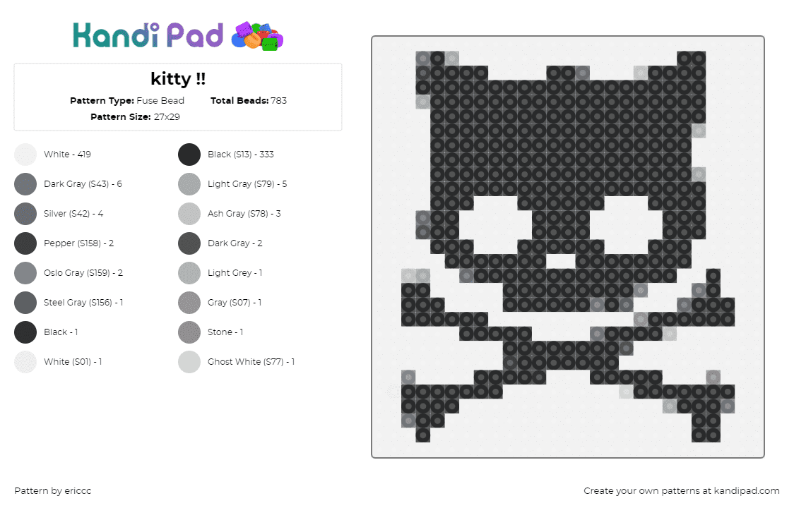 kitty !! - Fuse Bead Pattern by ericcc on Kandi Pad - cat,crossbones,skull,kitty,jolly roger,black,white