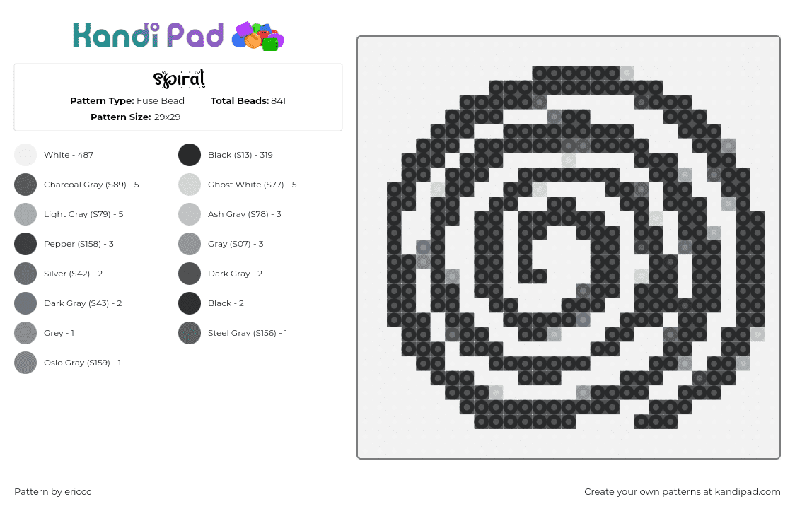 ꯱ׁׅ֒℘ꪱׁׅꭈׁׅɑׁׅ֮ᥣׁׅ֪ - Fuse Bead Pattern by ericcc on Kandi Pad - spiral,swirl,black,white