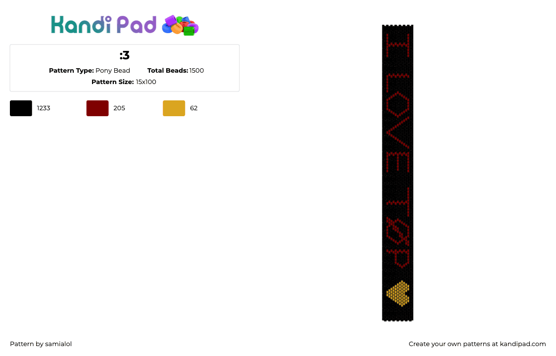 :3 - Pony Bead Pattern by samialol on Kandi Pad - i love top,twenty one pilots,text,sash,heart,music,band,black,red