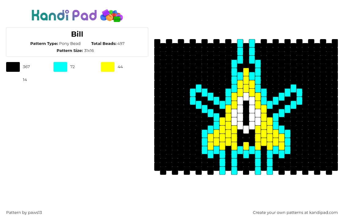 Bill - Pony Bead Pattern by paws13 on Kandi Pad - bill cipher,gravity falls,triangle,character,cartoon,cyclops,tv show,yellow,black,teal