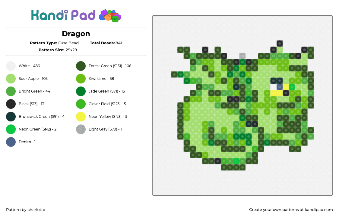 Dragon - Fuse Bead Pattern by charlotte on Kandi Pad - dragon,fantasy,mythological,simple,green