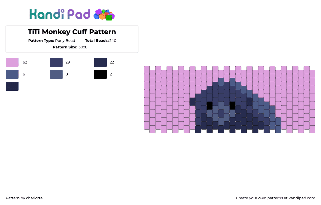 TiTi Monkey Cuff Pattern - Pony Bead Pattern by charlotte on Kandi Pad - titi,monkey,animal,cuff,pink,blue