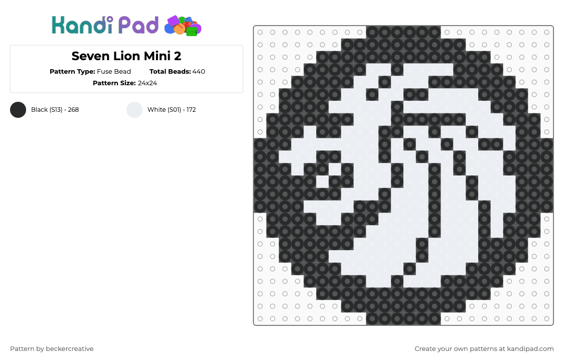 Seven Lion Mini 2 - Fuse Bead Pattern by beckercreative on Kandi Pad - seven lions,logo,dj,music,edm,charm,lion,animal,mammal,feline,black,white