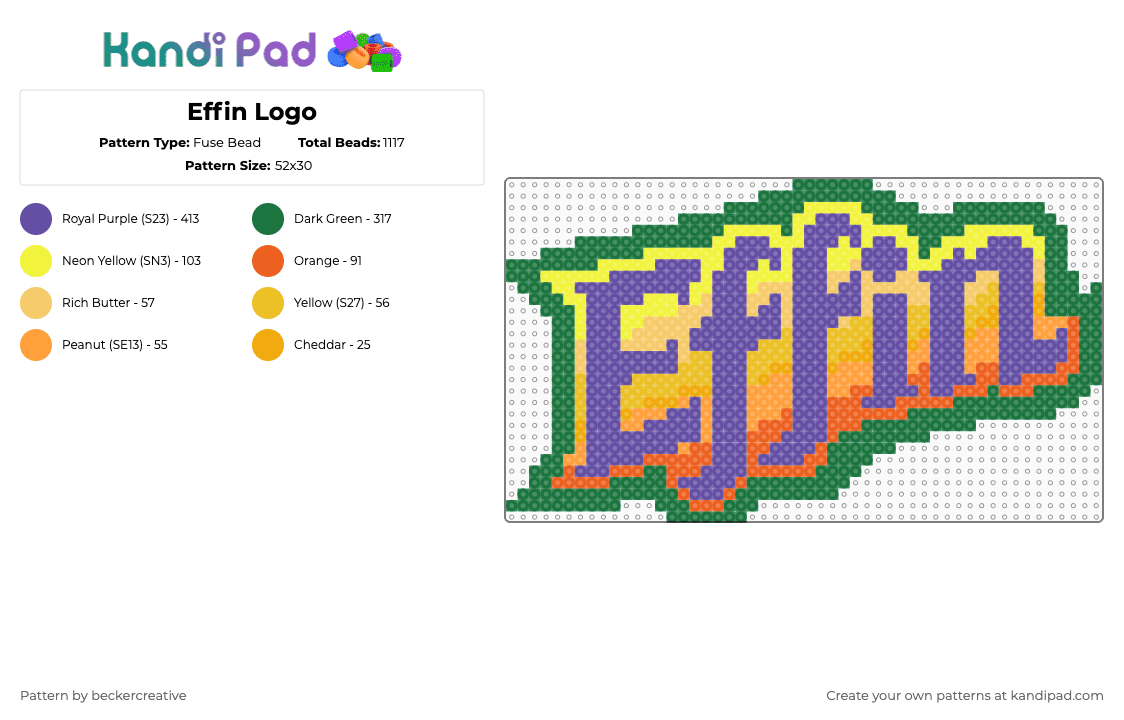 Effin Logo - Fuse Bead Pattern by beckercreative on Kandi Pad - effin,logo,text,dj,edm,music,purple,green