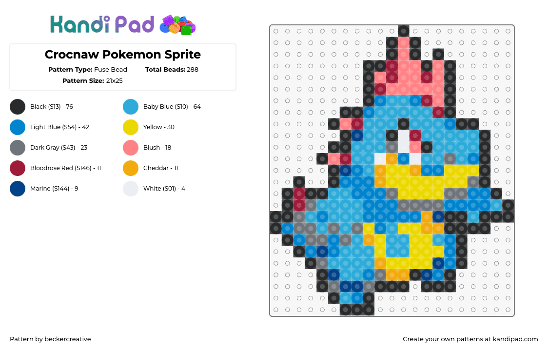 Crocnaw Pokemon Sprite - Fuse Bead Pattern by beckercreative on Kandi Pad - croconaw,pokemon,character,dinosaur,gaming,light blue,yellow,pink