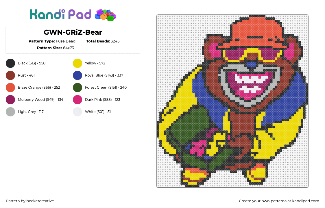 GWN-GRiZ-Bear - Fuse Bead Pattern by beckercreative on Kandi Pad - griz,gwn,bear,ganja white night,character,cartoon,music,edm,dj,smile,cool,hat,colorful,bright,yellow,brown,blue