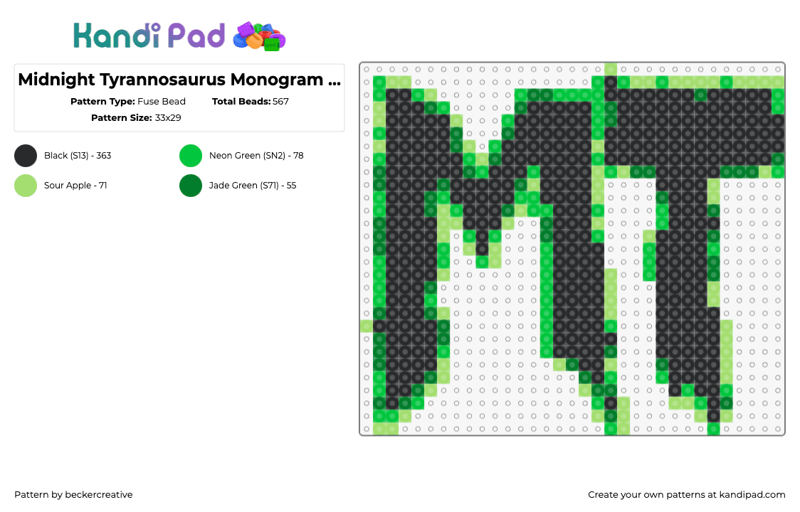 Midnight Tyrannosaurus Monogram (Small) - Fuse Bead Pattern by beckercreative on Kandi Pad - midnight tyranosaurus,logo,text,dj,edm,music,dubstep,black,green