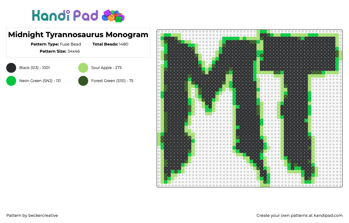 Midnight Tyrannosaurus Monogram - Fuse Bead Pattern by beckercreative on Kandi Pad - midnight tyranosaurus,logo,text,dj,edm,music,dubstep,black,green