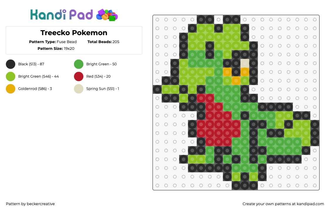 Treecko Pokemon - Fuse Bead Pattern by beckercreative on Kandi Pad - treecko,pokemon,character,gaming,green,red