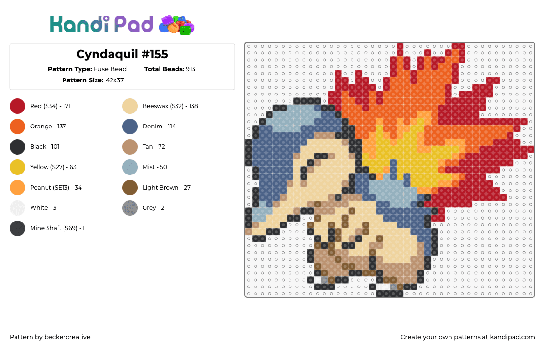 Cyndaquil #155 - Fuse Bead Pattern by beckercreative on Kandi Pad - cyndaquil,pokemon,gaming,character,fiery,blue,tan,orange