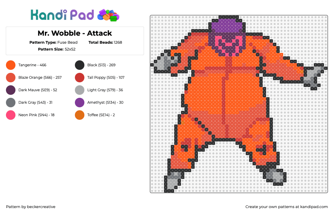 Mr. Wobble - Attack - Fuse Bead Pattern by beckercreative on Kandi Pad - mr wobble,gwn,ganja white night,character,music,edm,dj,orange