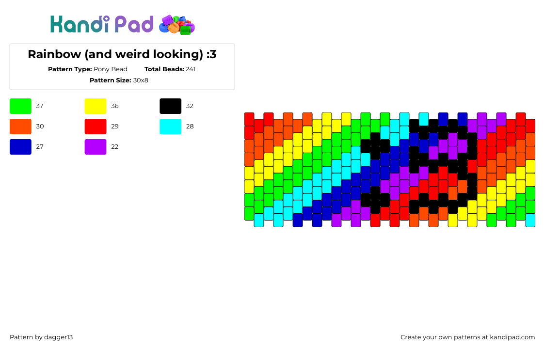 Rainbow (and weird looking) :3 - Pony Bead Pattern by dagger13 on Kandi Pad - emoticon,diagonal,stripes,rainbow,cuff,colorful