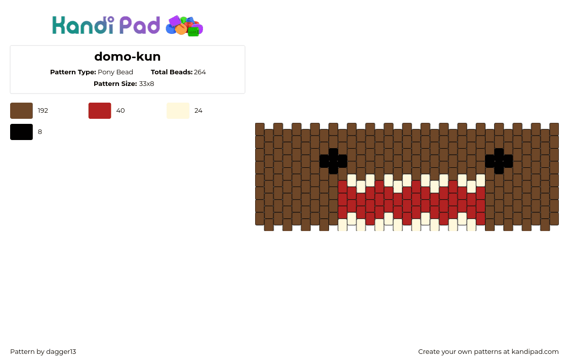 domo-kun - Pony Bead Pattern by dagger13 on Kandi Pad - domo,face,mouth,cuff,brown,red