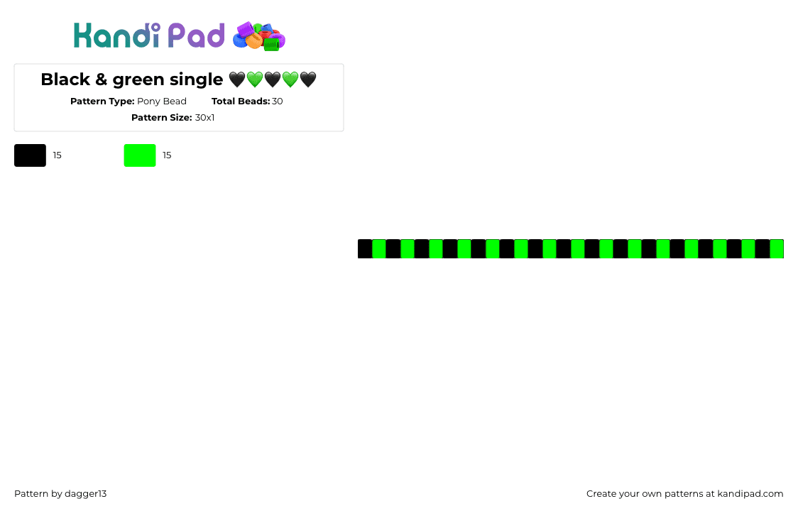 Black & green single  - Pony Bead Pattern by dagger13 on Kandi Pad - stripes,neon,green,black,single,bracelet