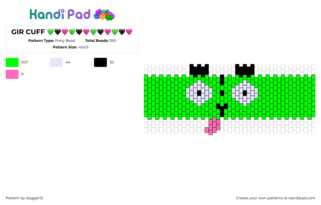 GIR CUFF  - Pony Bead Pattern by dagger13 on Kandi Pad - gir,invader zim,dog,character,tv show,cartoon,tongue,cute,cuff,green