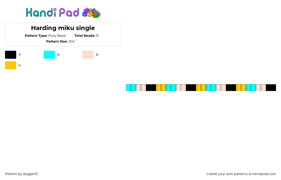 hatsune miku single - Pony Bead Pattern by dagger13 on Kandi Pad - hatsune miku,vocaloid,music,single,bracelet,yellow,teal