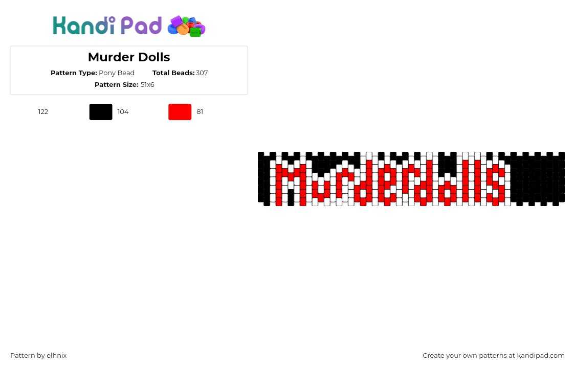 Murder Dolls - Pony Bead Pattern by elhnix on Kandi Pad - murderdolls,logo,cuff,band,music,metal,text,black,red,white