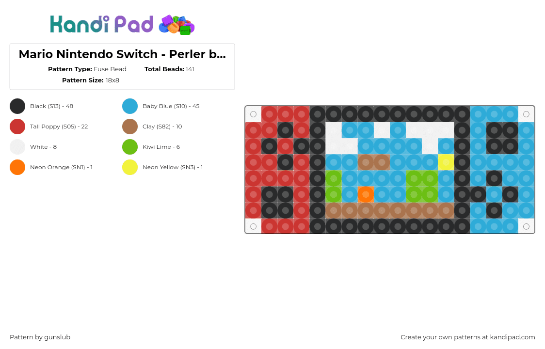 Mario Nintendo Switch - Perler bead design - Fuse Bead Pattern by gunslub on Kandi Pad - switch,nintendo,mario,video game,console,controller,red,light blue