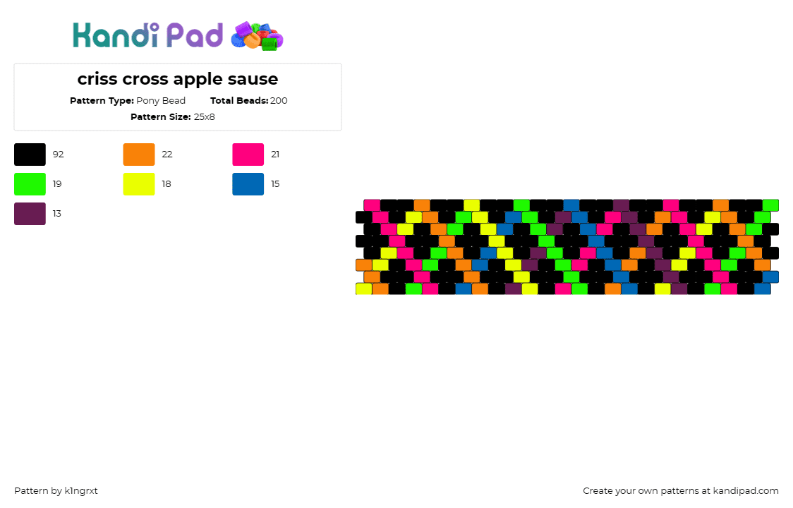 criss cross apple sause - Pony Bead Pattern by k1ngrxt on Kandi Pad - zig zag,geometric,neon,dark,colorful,stripes,cuff,black