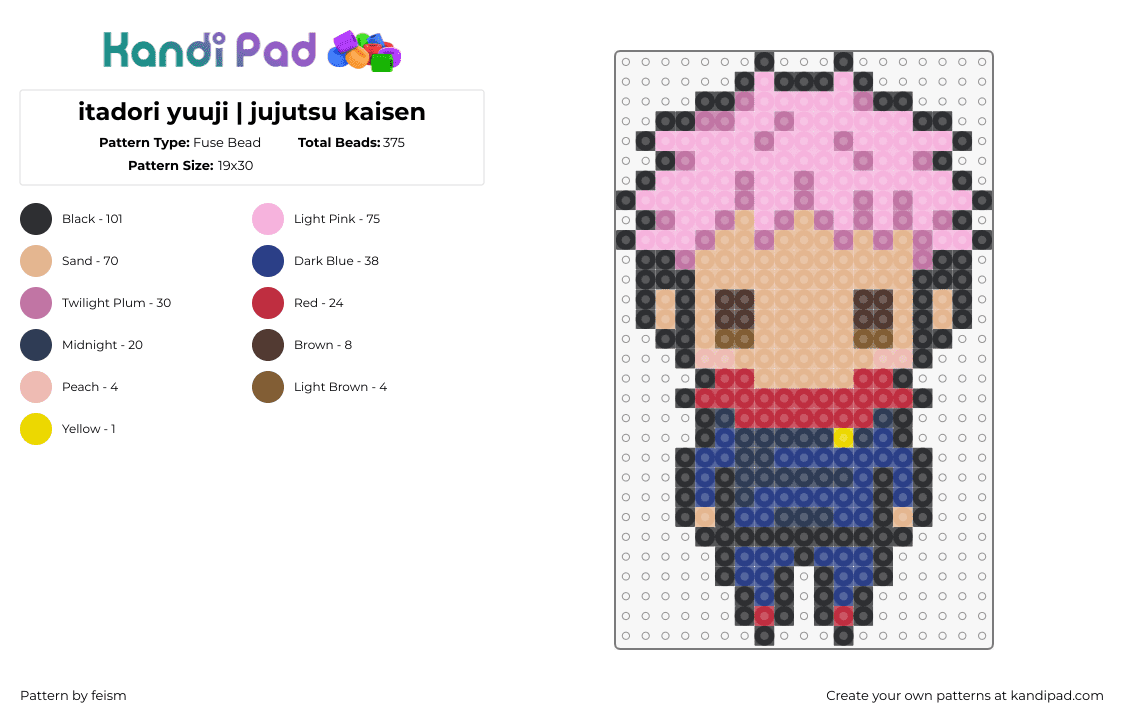 itadori yuuji | jujutsu kaisen - Fuse Bead Pattern by feism on Kandi Pad - itadori yuuji,jujutsu kaisen,character,anime,chibi,tv show,tan,pink,blue